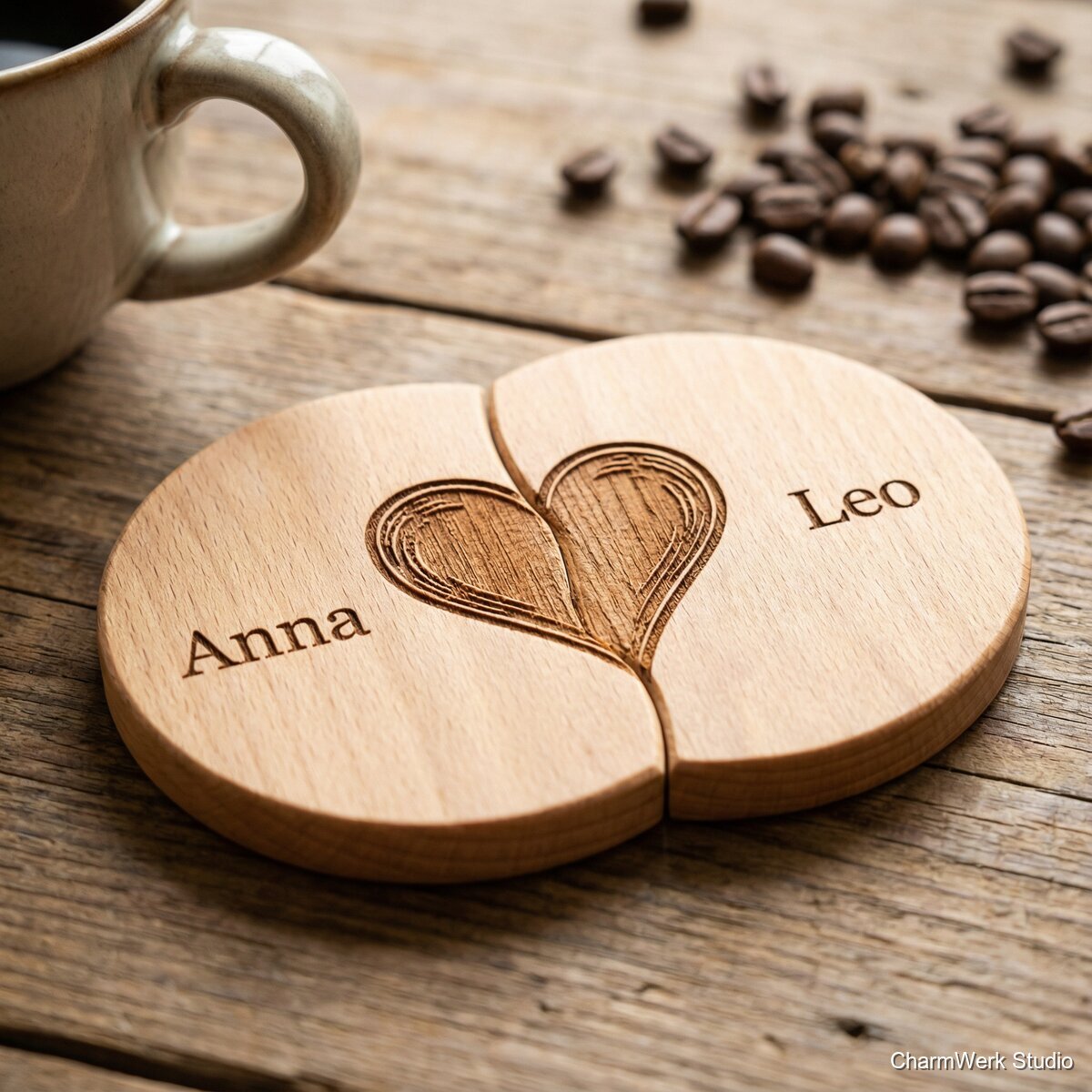 „Zwei Tassen, ein Herz“-Untersetzer-Set als Paar - Detailansicht