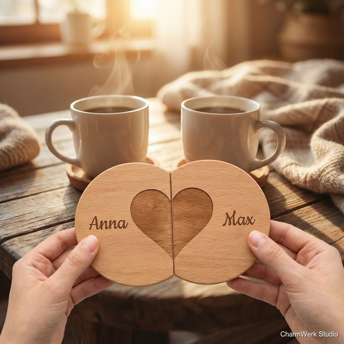 „Zwei Tassen, ein Herz“-Untersetzer-Set als Paar - Lifestyle