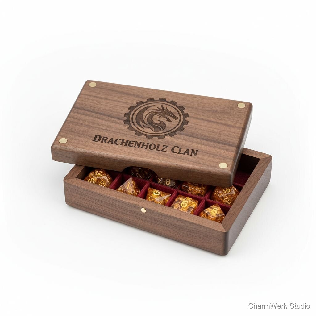 CNC-Würfelset-Box mit Namen und Inlay