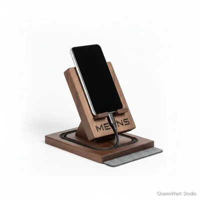 CNC-Handy-Dock mit Lade-Kabelkanal und Namen