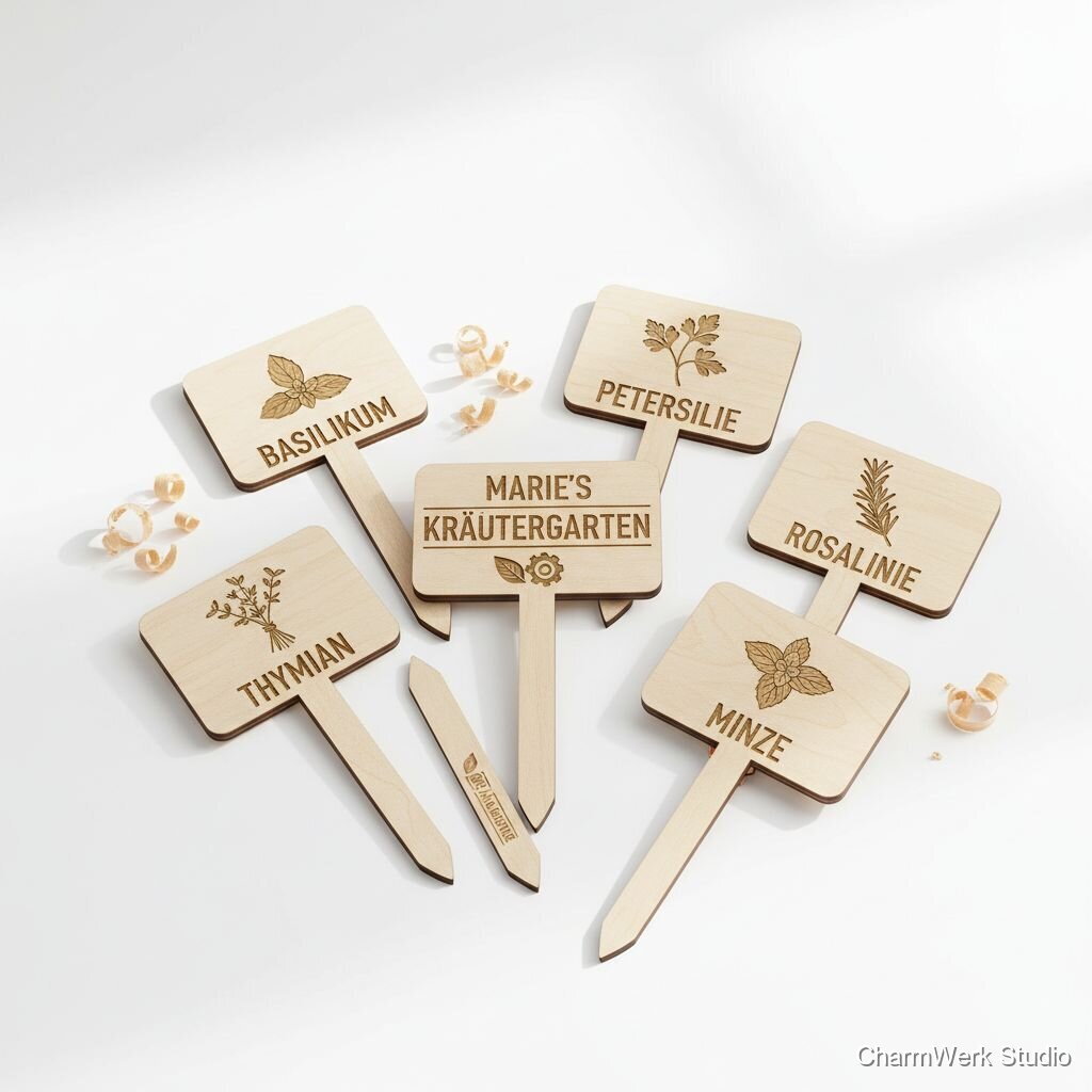 CNC-Kräutertopfschild-Set mit Namen und Sorten