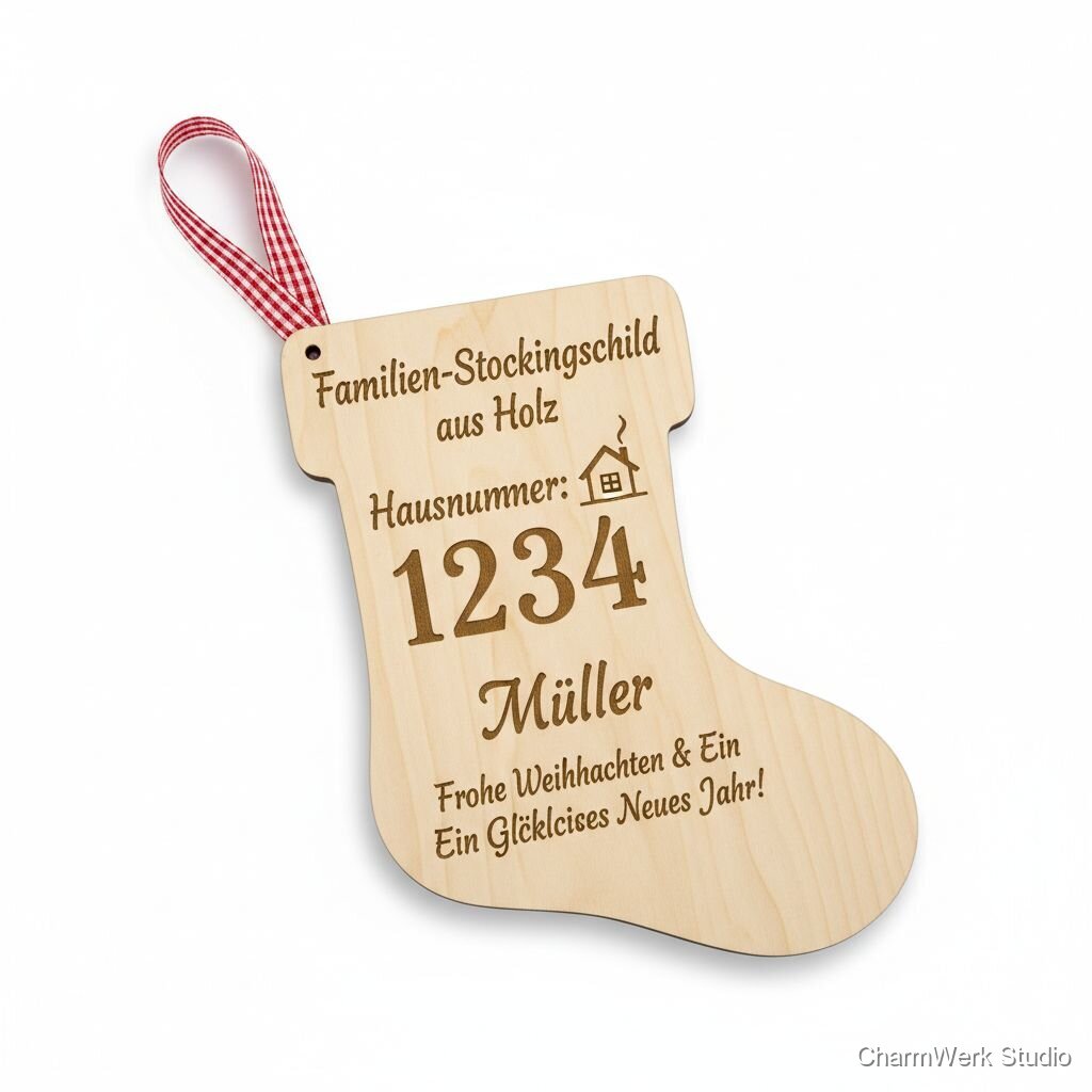 Familien-Stockingschild aus Holz mit Hausnummer