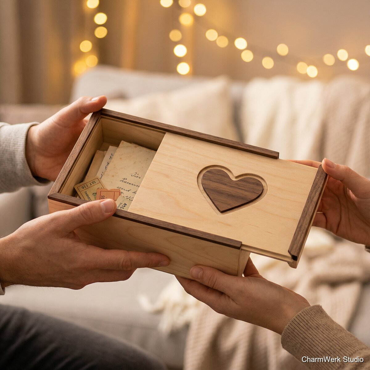 Liebesbrief-Box mit Schiebedeckel und Intarsien-Nut - Lifestyle