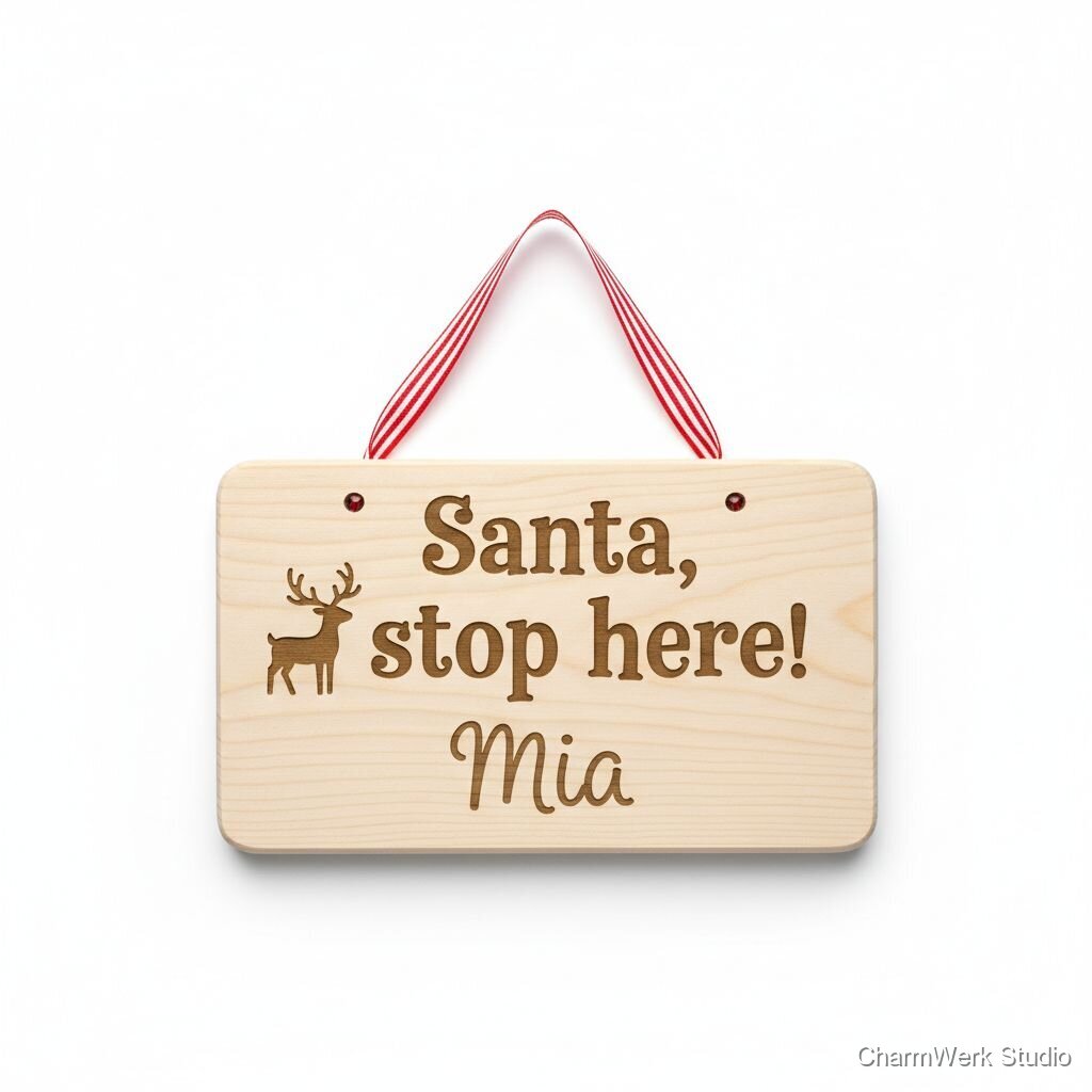 Lasergraviertes Holz-„Santa Stop Here“-Türschild mit Name