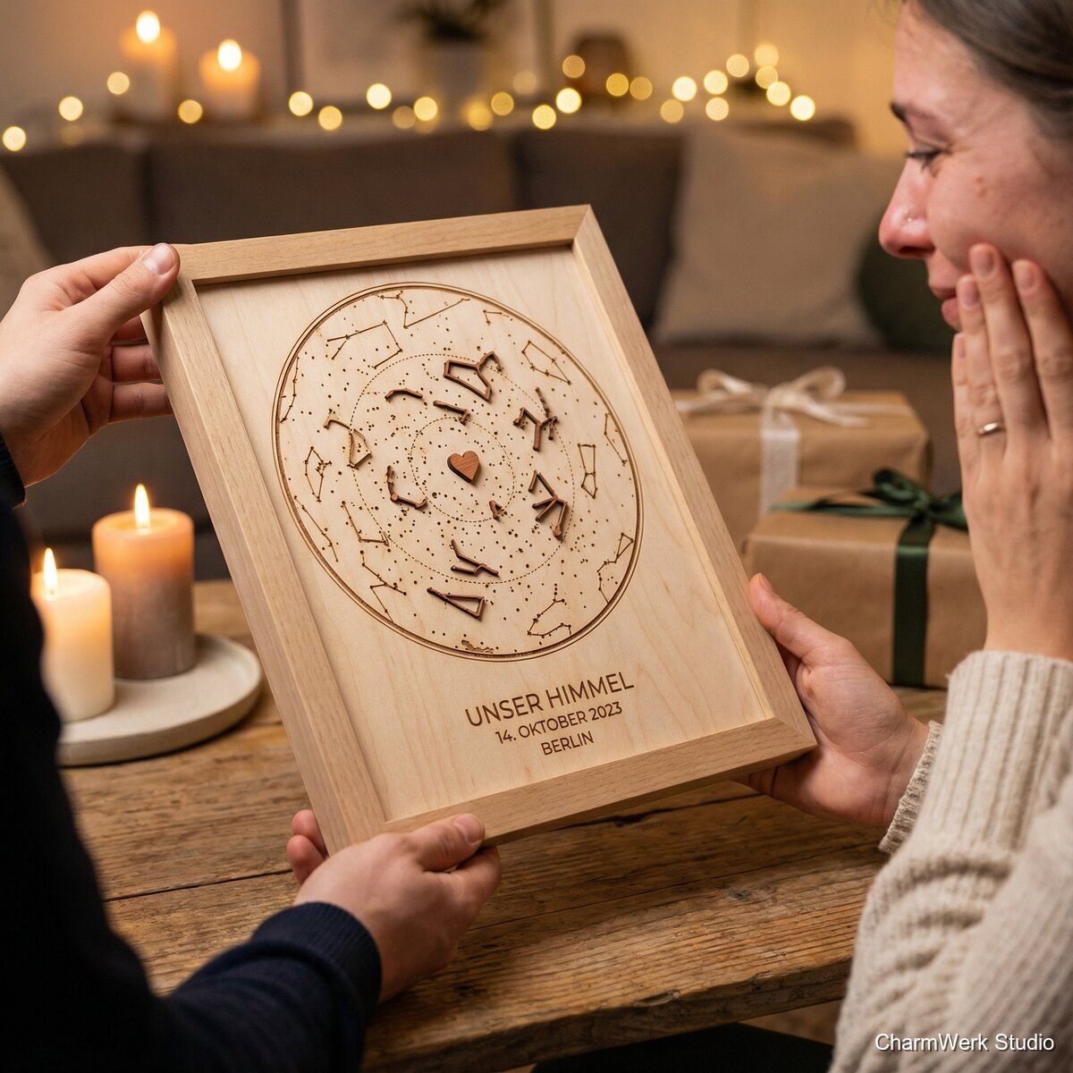 Sternenkarte im Holzrahmen mit 3D-Akzenten - Lifestyle