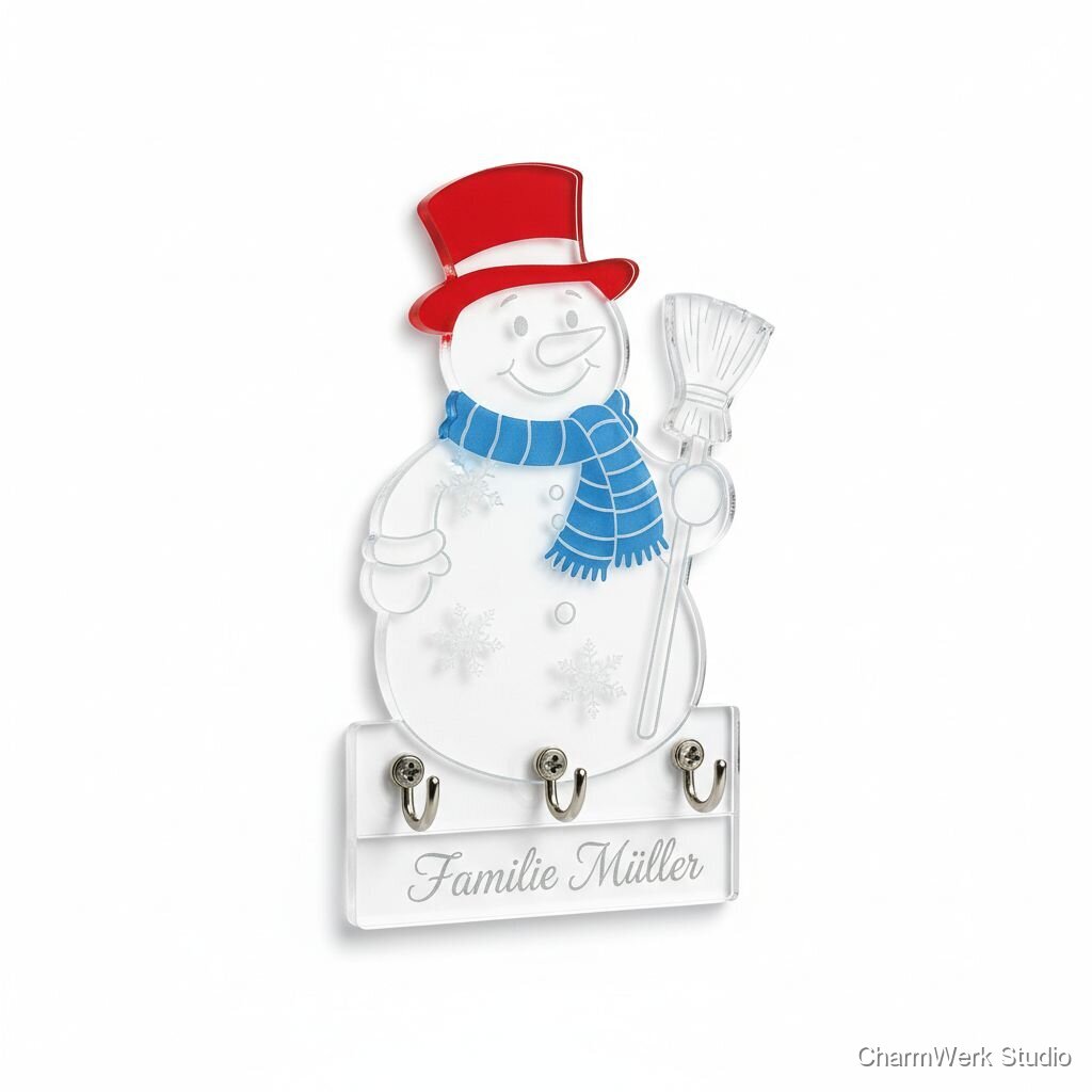 Acryl-„Schneemann“-Schlüsselbrett mit Haken und Gravur