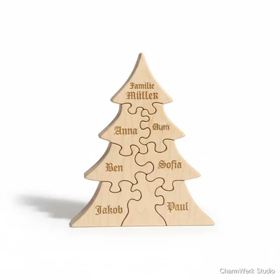 CNC-Weihnachtsbaum-Puzzle aus Holz mit Familiennamen