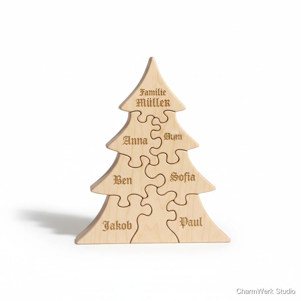 CNC-Weihnachtsbaum-Puzzle aus Holz mit Familiennamen