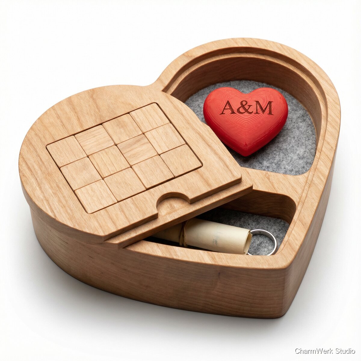 Puzzle-Herzbox mit Geheimfach für Botschaft - Seitenansicht