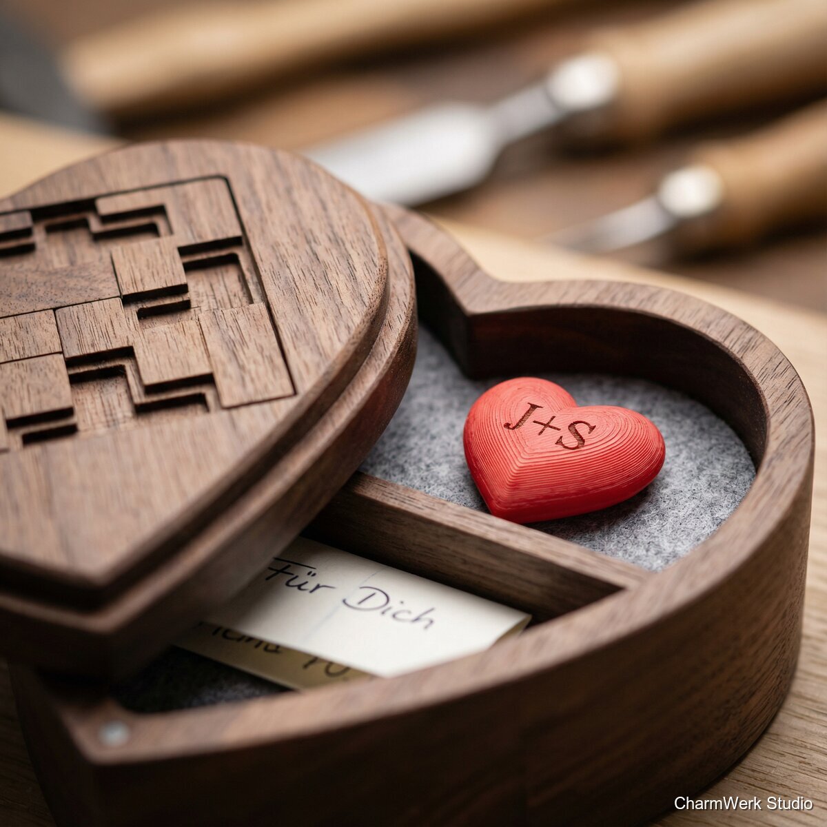 Puzzle-Herzbox mit Geheimfach für Botschaft - Detailansicht