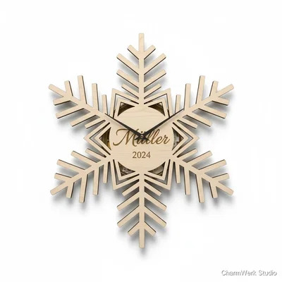 CNC-„Schneekristall“-Wanduhr aus Holz mit Namen