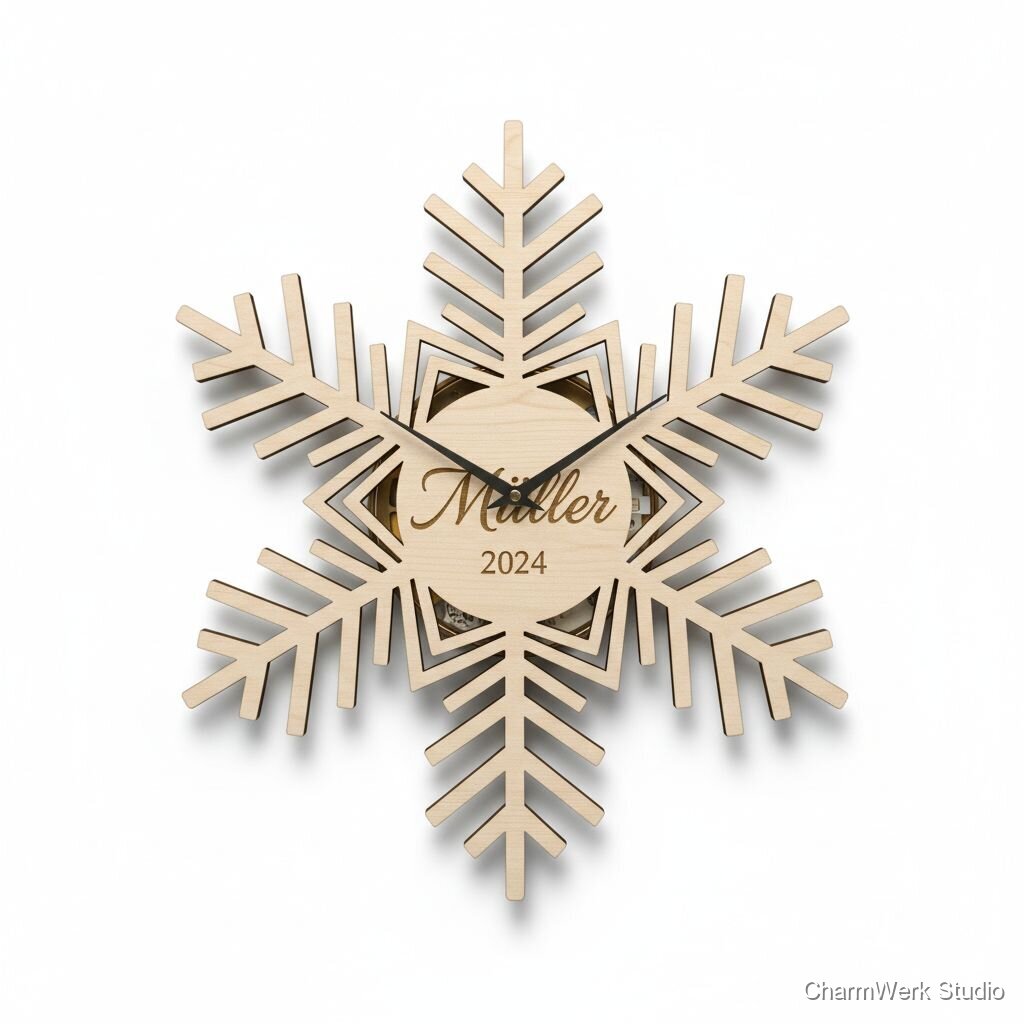 CNC-„Schneekristall“-Wanduhr aus Holz mit Namen