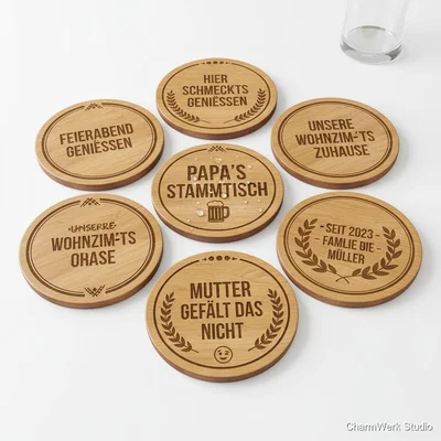 Graviertes Bierdeckel-Set „Papa’s Stammtisch“