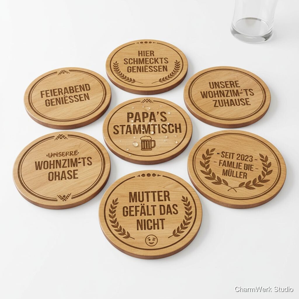 Graviertes Bierdeckel-Set „Papa’s Stammtisch“