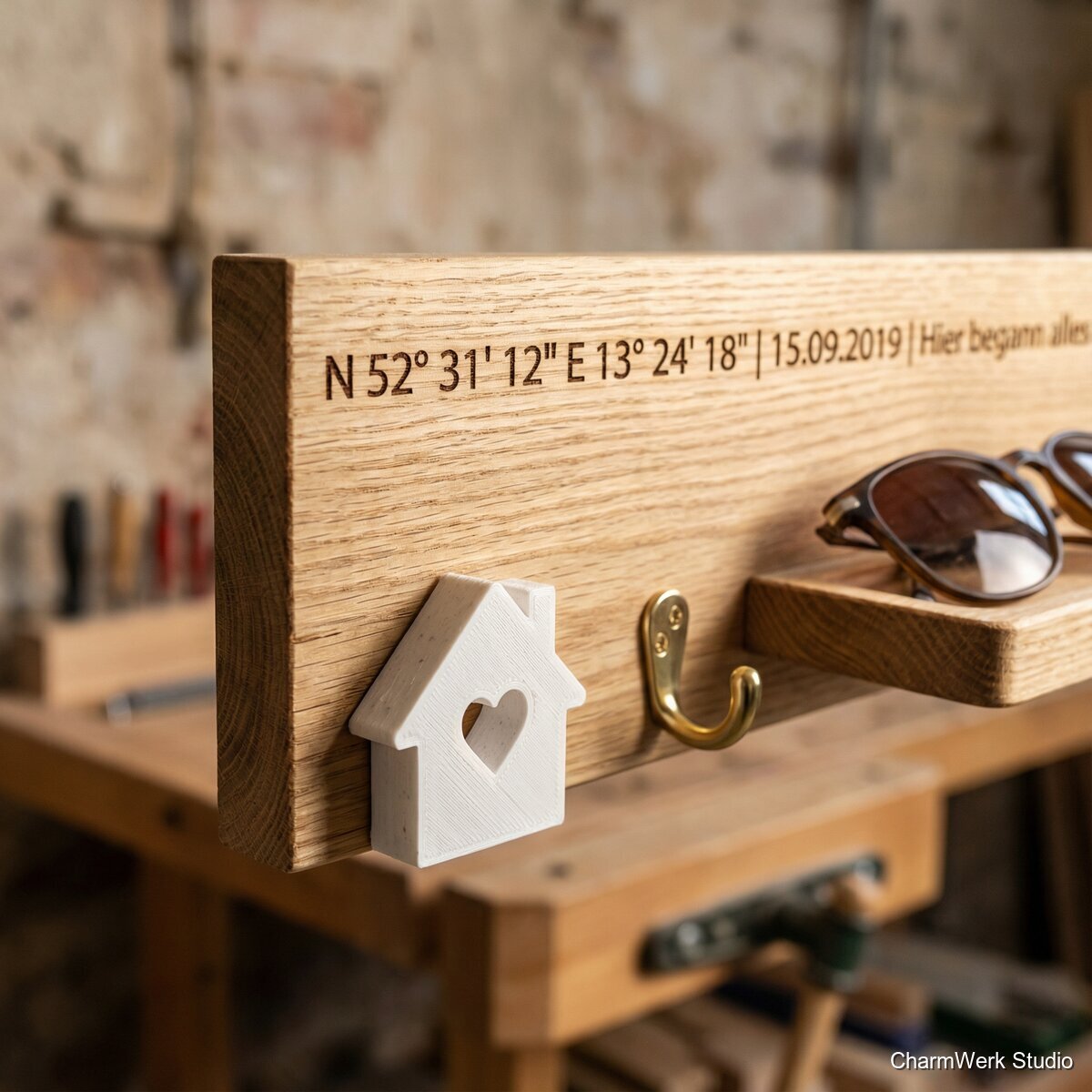 Koordinaten-Schlüsselbrett mit 3D-Haus und Namen - Detailansicht