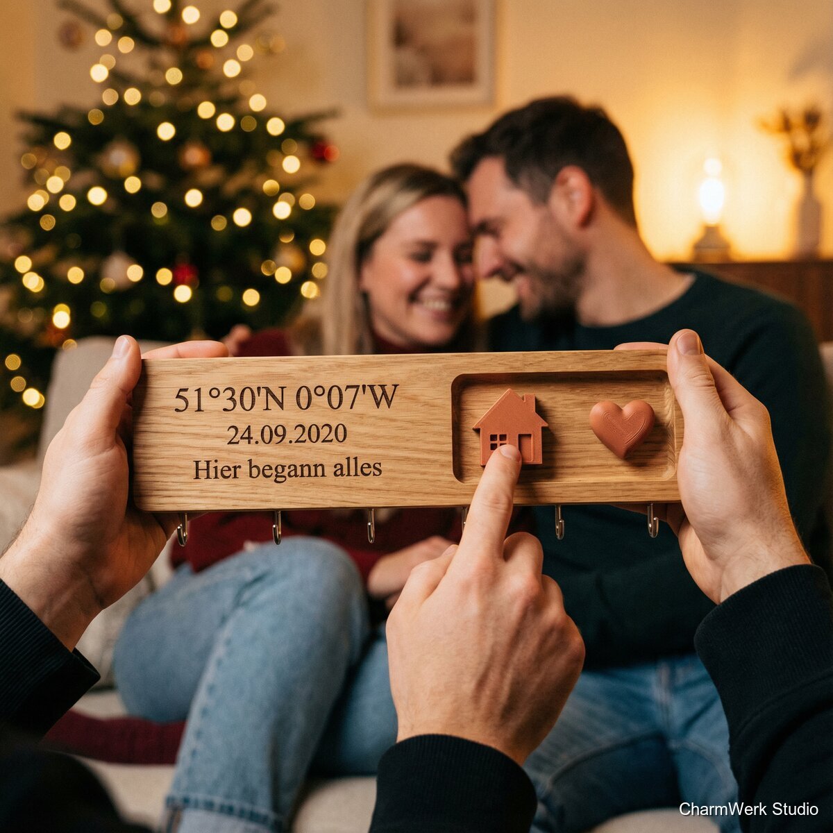 Koordinaten-Schlüsselbrett mit 3D-Haus und Namen - Lifestyle