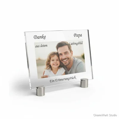 Acryl-Fotoaufsteller „Danke, Papa“ mit Gravurrahmen