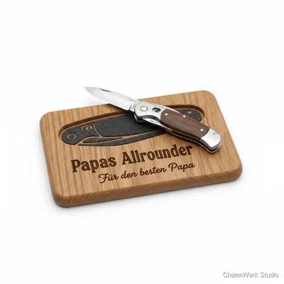 Graviertes Taschenmesser-Holzdisplay „Papas Allrounder“