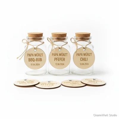 Gravierte Gewürzglas-Etiketten „Papa würzt“