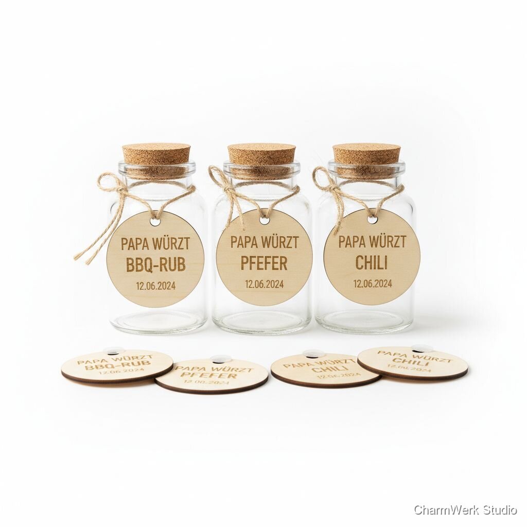 Gravierte Gewürzglas-Etiketten „Papa würzt“