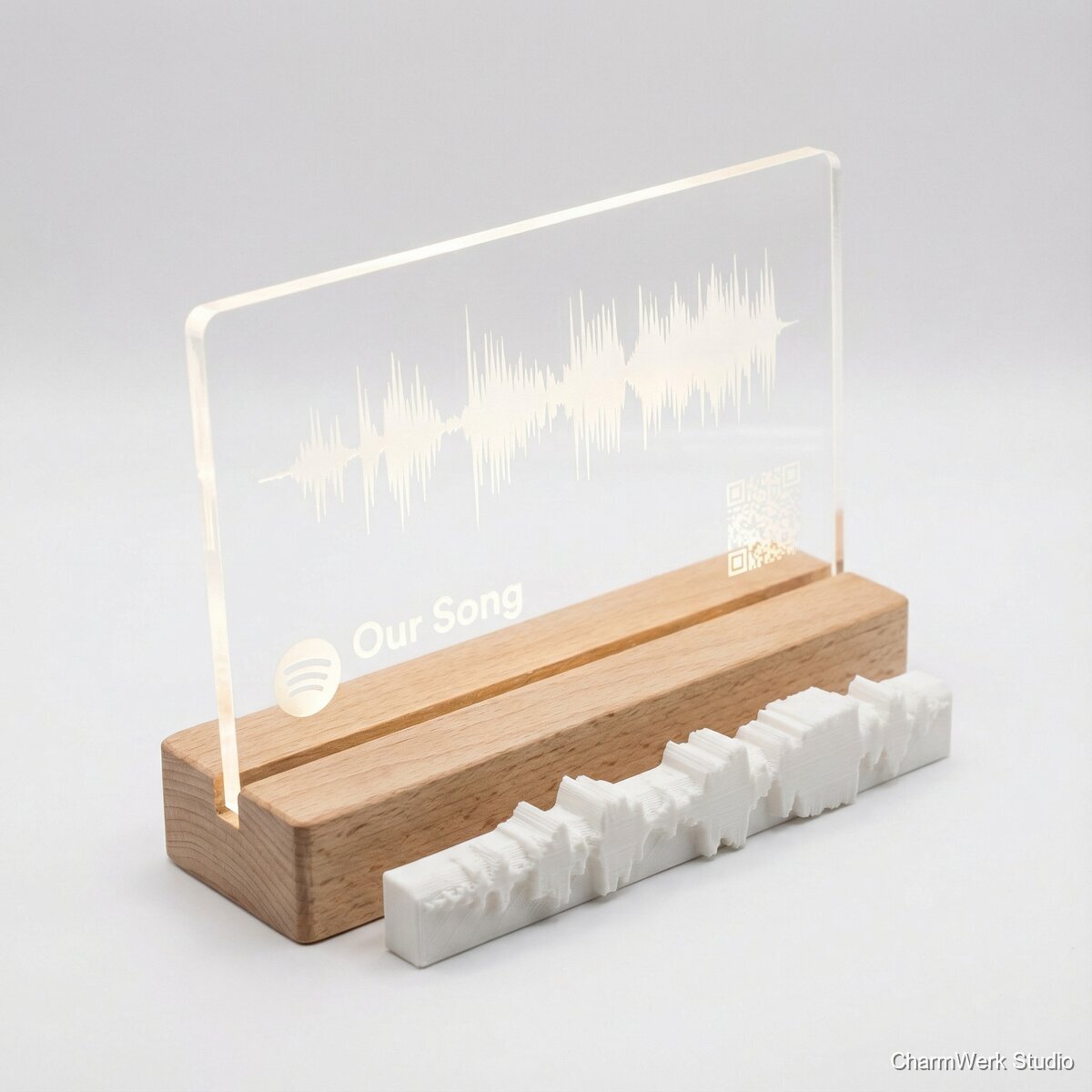 Acryl-Spotify-Album mit Holzständer und 3D-Welle - Seitenansicht