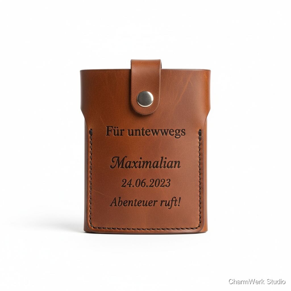 Gravierter Flachmann-Hülle aus Leder „Für unterwegs“