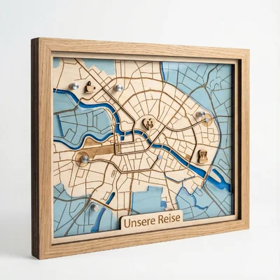 „Unsere Reise“-Landkarte als Layer-Kunst im Rahmen