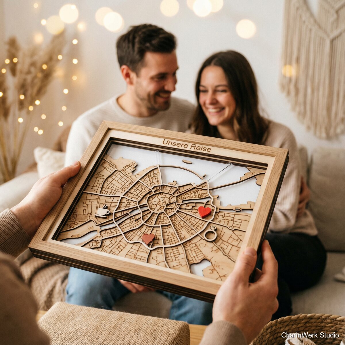 „Unsere Reise“-Landkarte als Layer-Kunst im Rahmen - Lifestyle