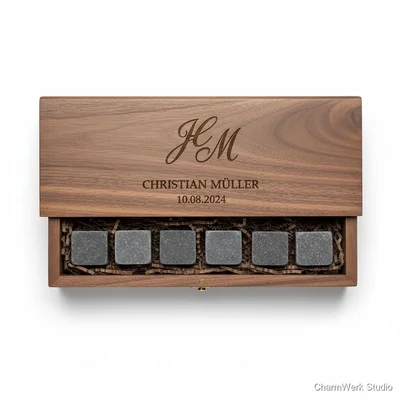 Gravierte Whisky-Steine-Box aus Holz