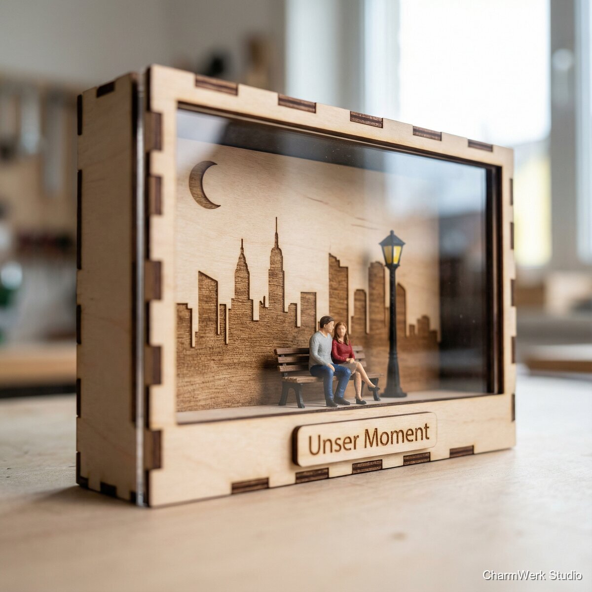Mini-Diorama „Unser Moment“ in Acryl-Holz-Box - Detailansicht