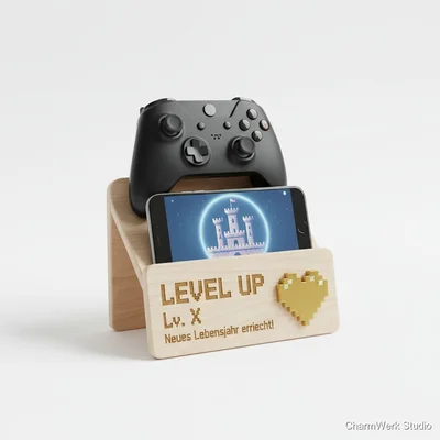 „Level Up“-Controllerständer mit Gravur und 3D-Emblem