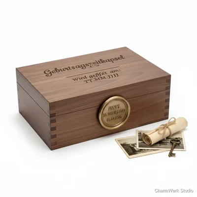 Personalisierte „Geburtstagszeitkapsel“-Box mit 3D-Siegel