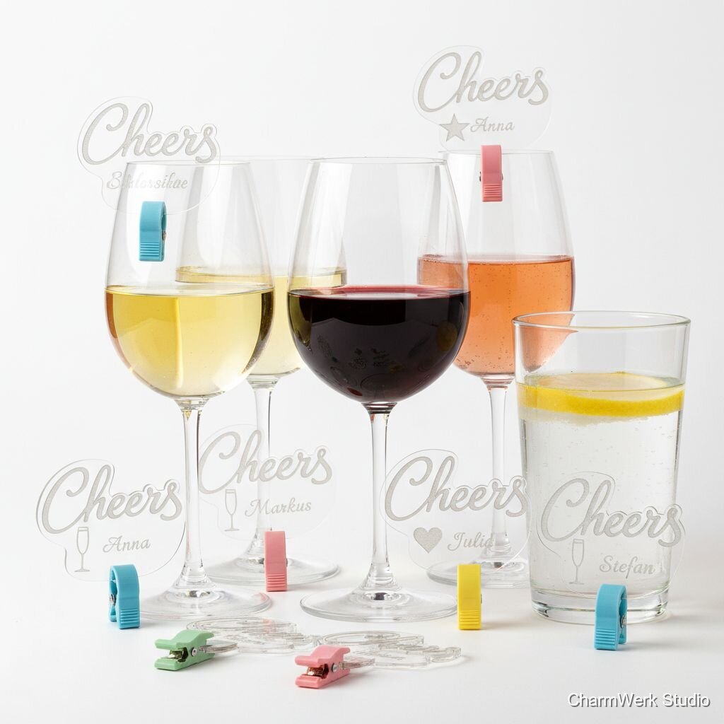 Acryl-„Cheers“-Drinkmarker mit Gravur und 3D-Clip