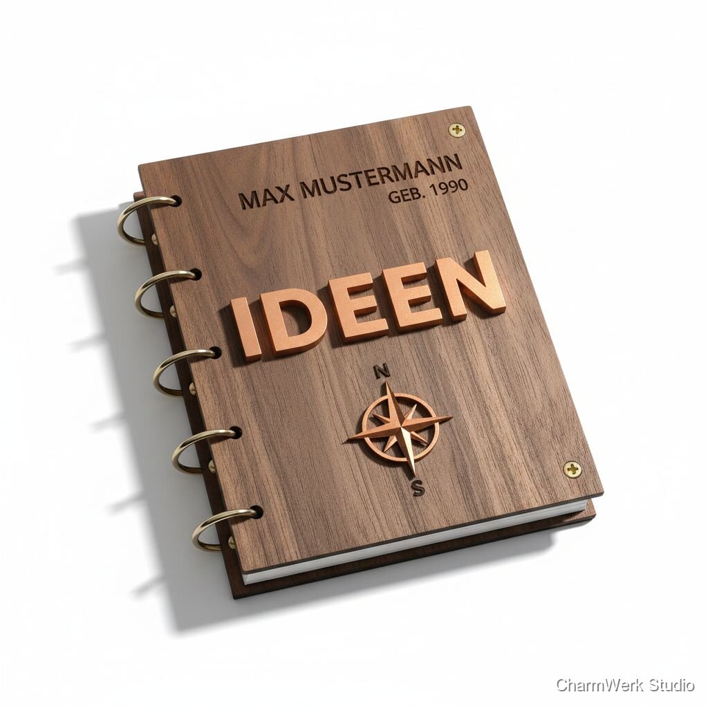 CNC-Notizbuch-Cover aus Holz mit 3D-Buchstaben