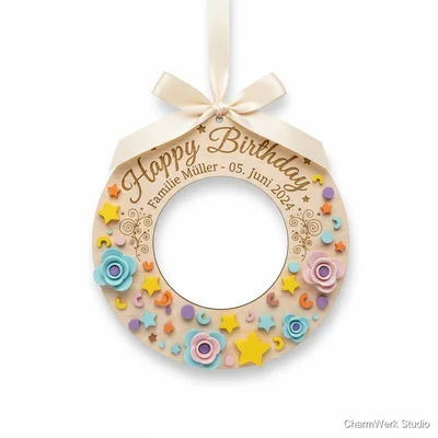 „Happy Birthday“-Türkranz aus Holz mit 3D-Blüten