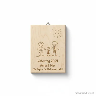 Lasergravierte Holz-Kinderzeichnung als Wandplakette