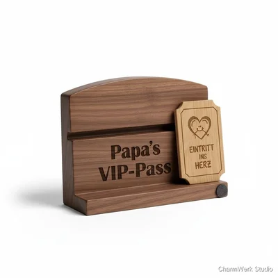 CNC-gefräster Kartenhalter „Papa-Ticket“ aus Holz