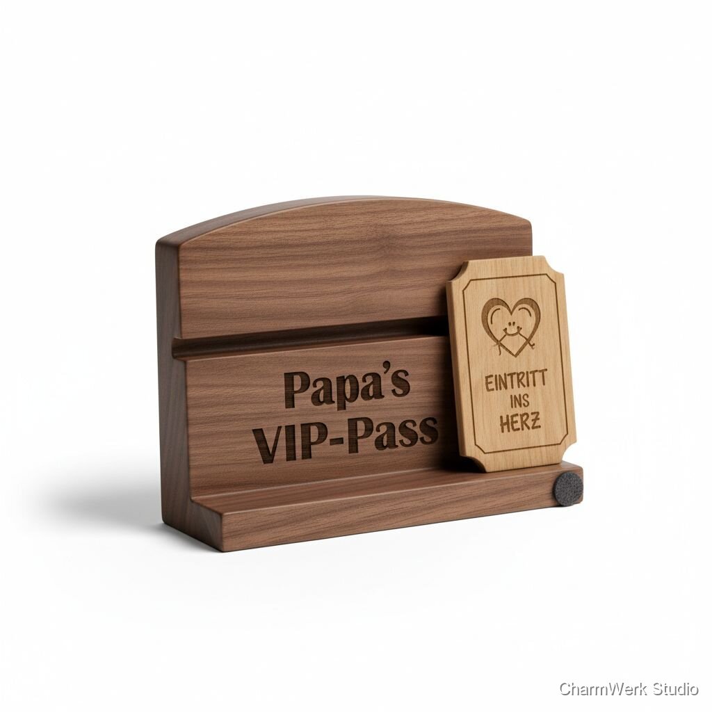 CNC-gefräster Kartenhalter „Papa-Ticket“ aus Holz
