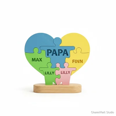 3D-gedrucktes Puzzle-Herz „Papa + Kinder“ als Steckfigur