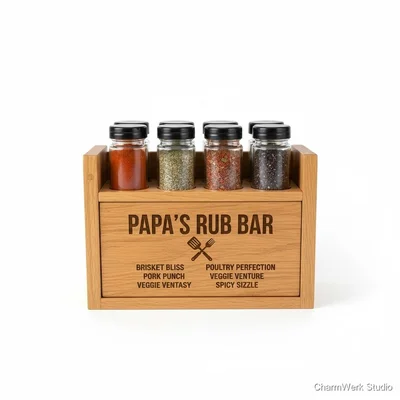 Lasergraviertes Grill-Gewürzregal aus Holz „Papa’s Rub Bar“