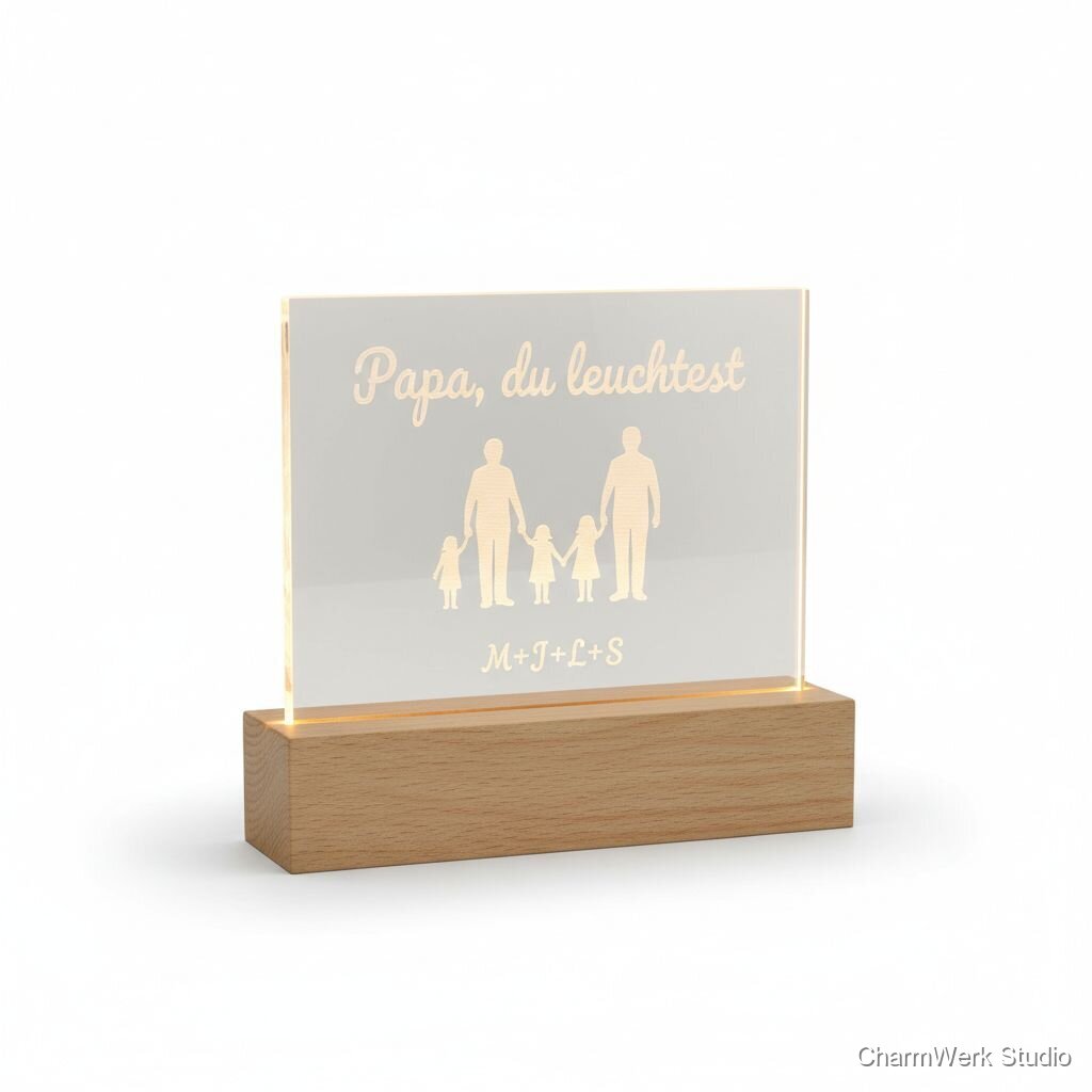 Acryl-Nachtlicht „Papa, du leuchtest“ mit Familien-Silhouette