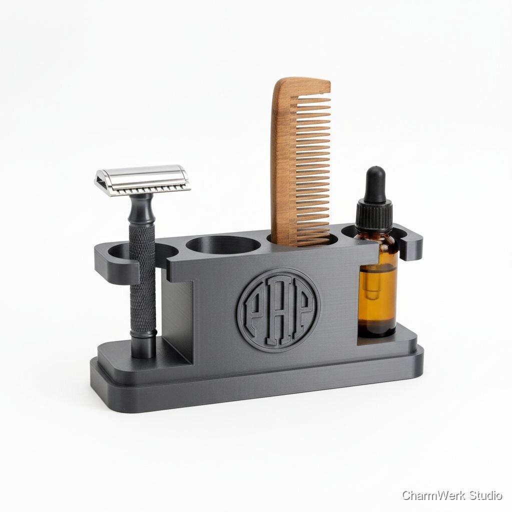 3D-gedruckter Rasierer- und Bartkamm-Stand mit Monogramm