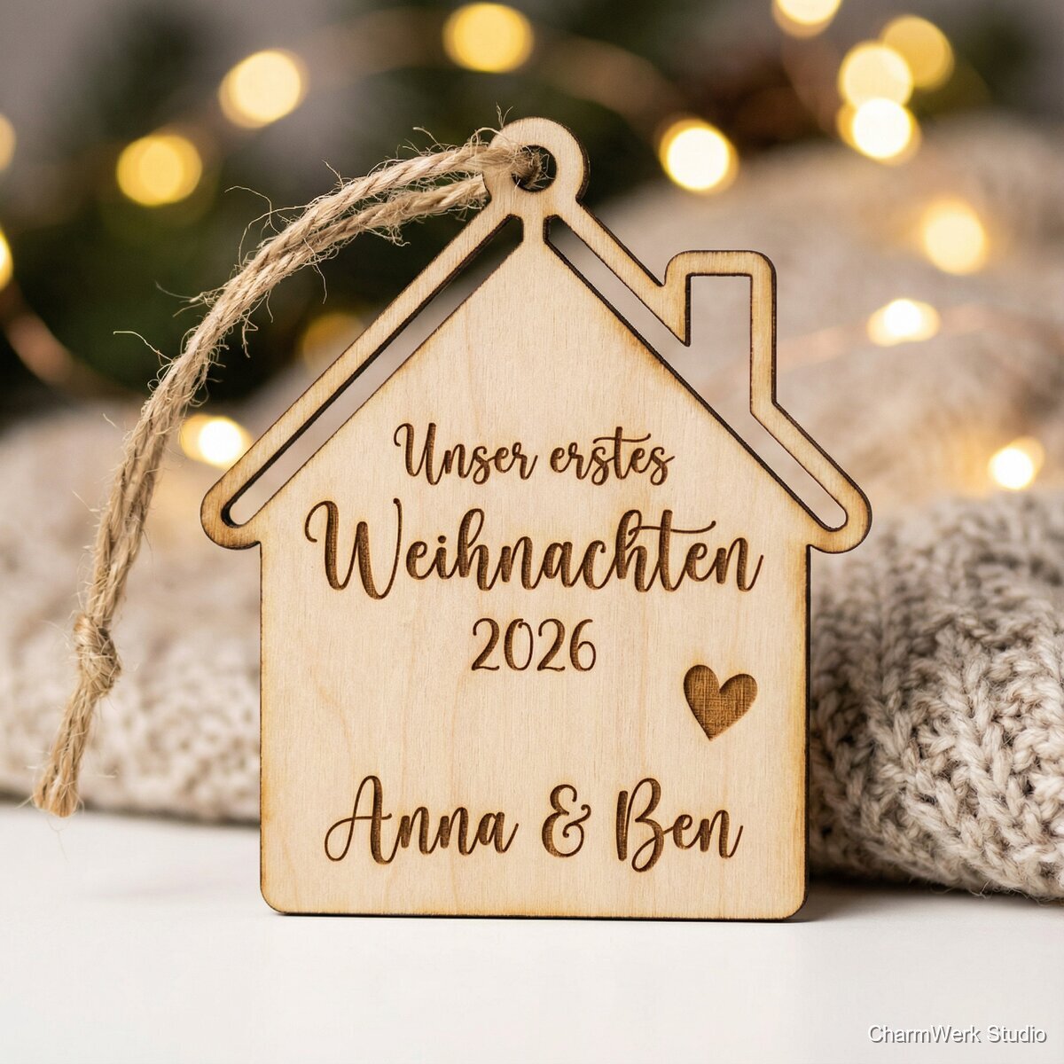 Holz-Ornament „Unser erstes Weihnachten“ mit Datum - Detailansicht