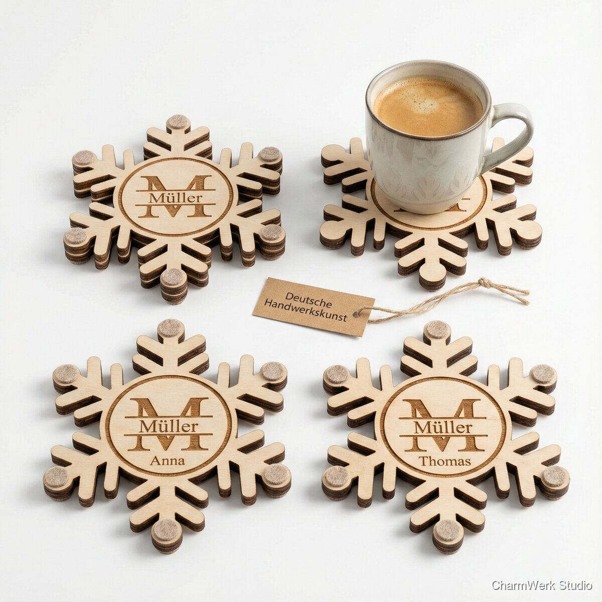 Schneeflocken-Untersetzer Set mit Familienmonogramm