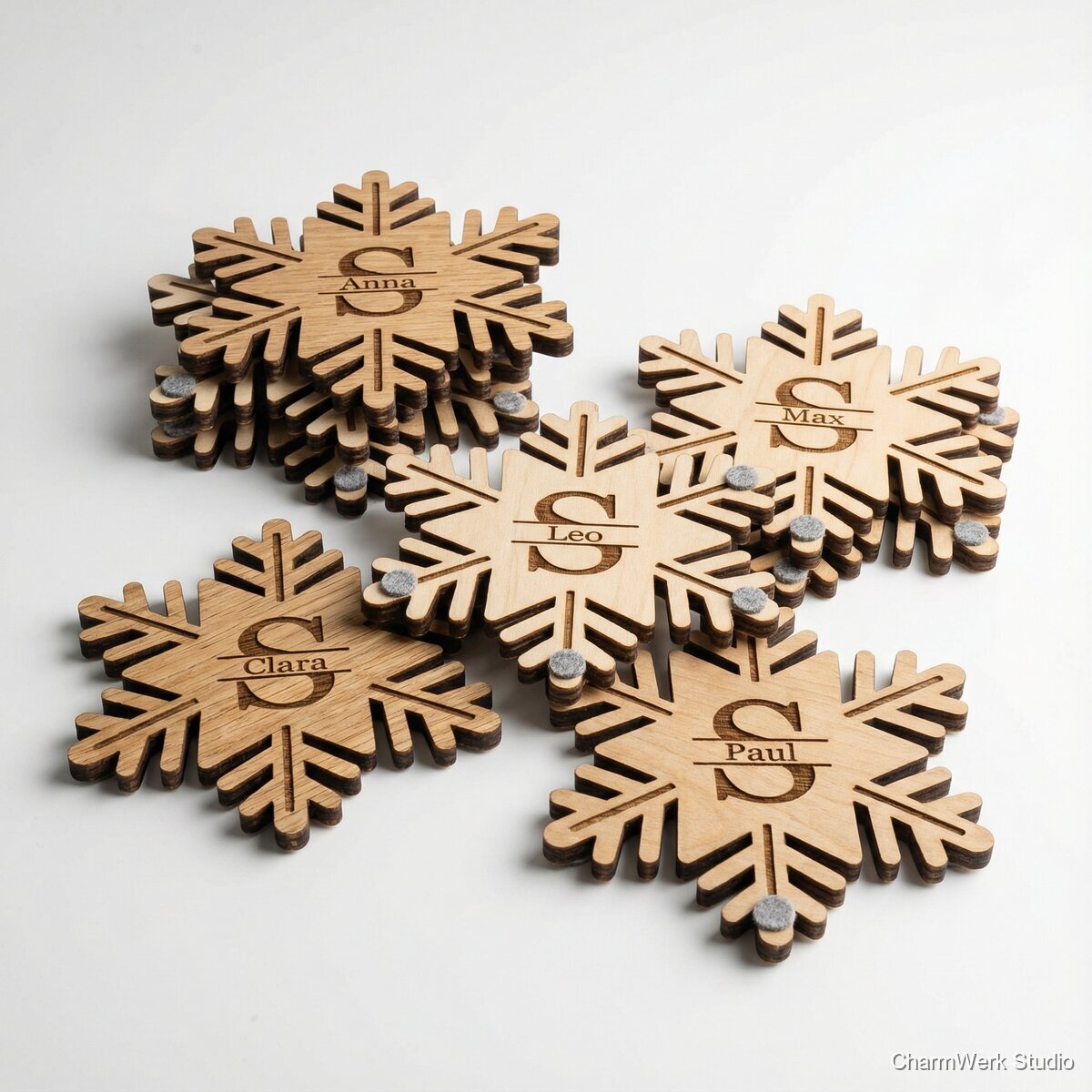Schneeflocken-Untersetzer Set mit Familienmonogramm - Seitenansicht