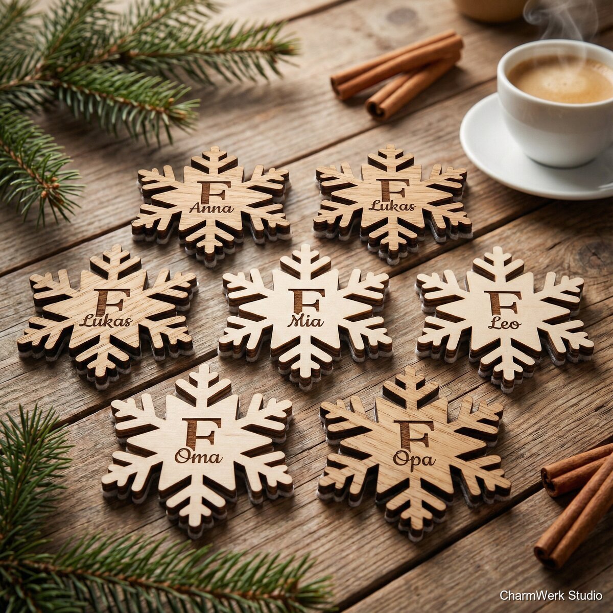 Schneeflocken-Untersetzer Set mit Familienmonogramm - Detailansicht