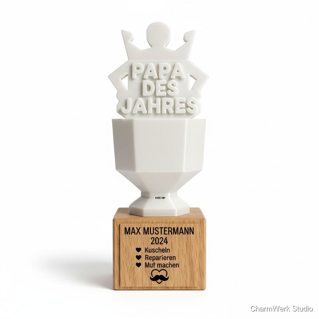 Kombi: 3D-gedruckter Pokal „Papa des Jahres“ mit Holzsockel