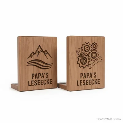 CNC-gefräster Bücherstützen-Satz „Papa’s Leseecke“