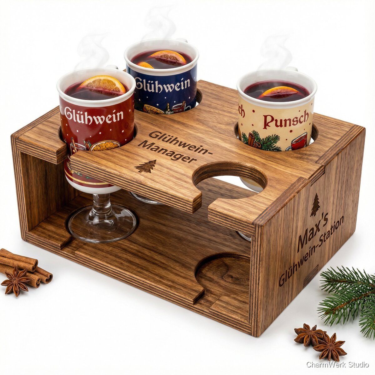 Personalisierter Glühwein- & Punsch-Becherhalter aus Holz - Seitenansicht