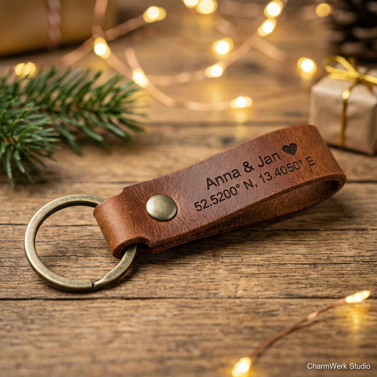 Weihnachts-Schlüsselanhänger aus Leder mit Koordinaten - Detailansicht